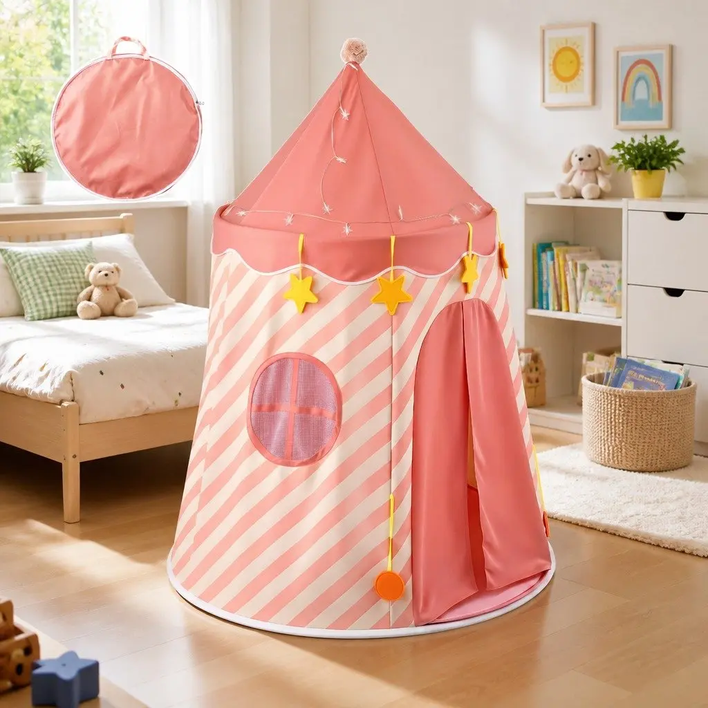 Kids Play Tent Pink 116cm x 153cm with Star Lights and Carry Bag