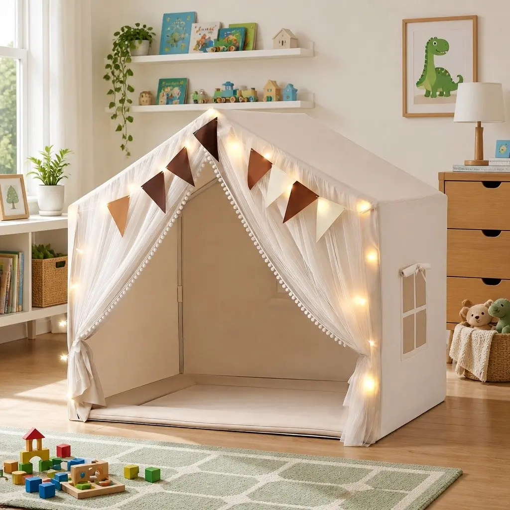 Kids Play Tent Playhouse Star Lights Windows Flag 144x95cm Indoor Cubby House