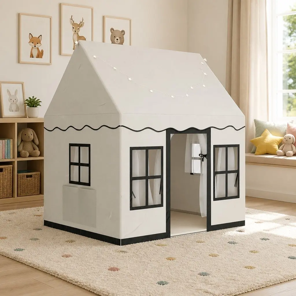 Kids Play Tent Castle Playhouse White Large Space with String Lights and Side Pocket