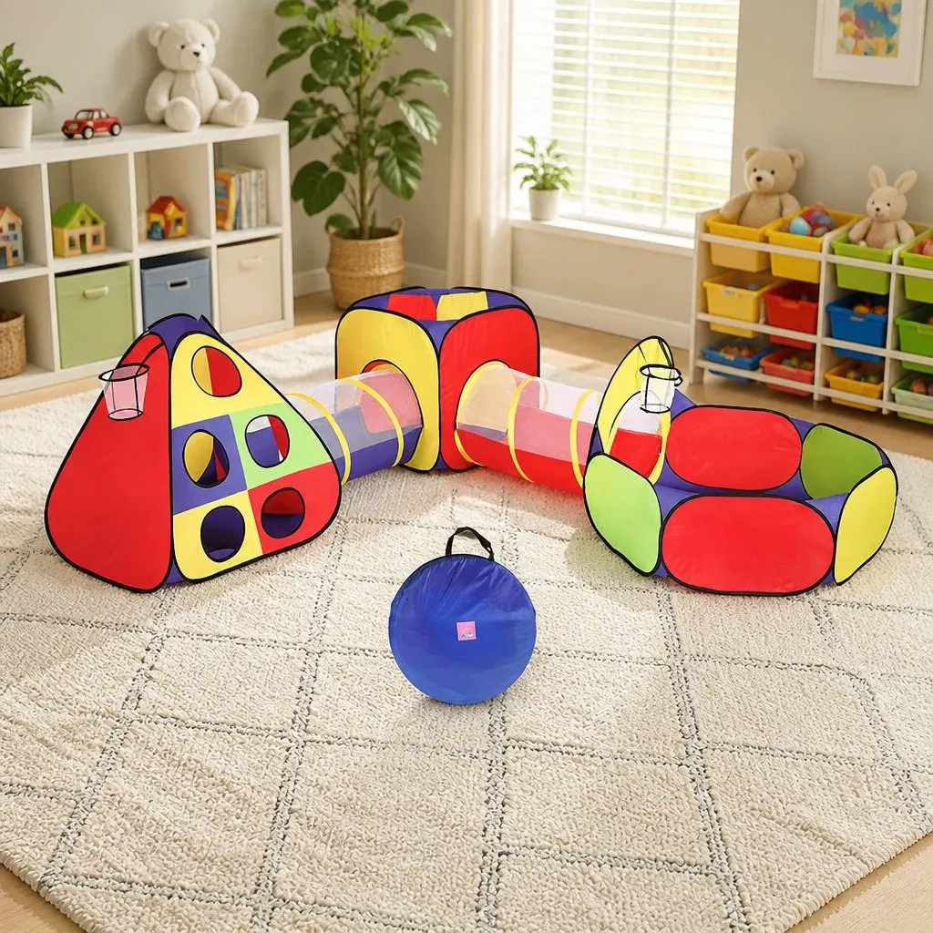 Kids Play Tent Multi-colour 9 Piece Teepee Playhouse Crawl Tunnel Ball Pit Basketball Hoop Indoor Outdoor