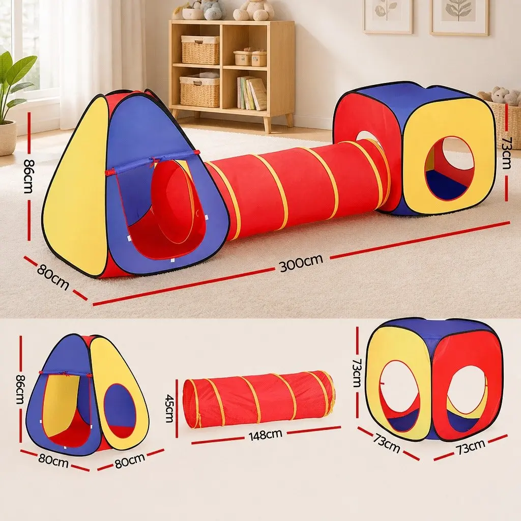 3-in-1 Play Tent Multicolour Indoor Outdoor Teepee Cube Playhouse Crawl Tunnel