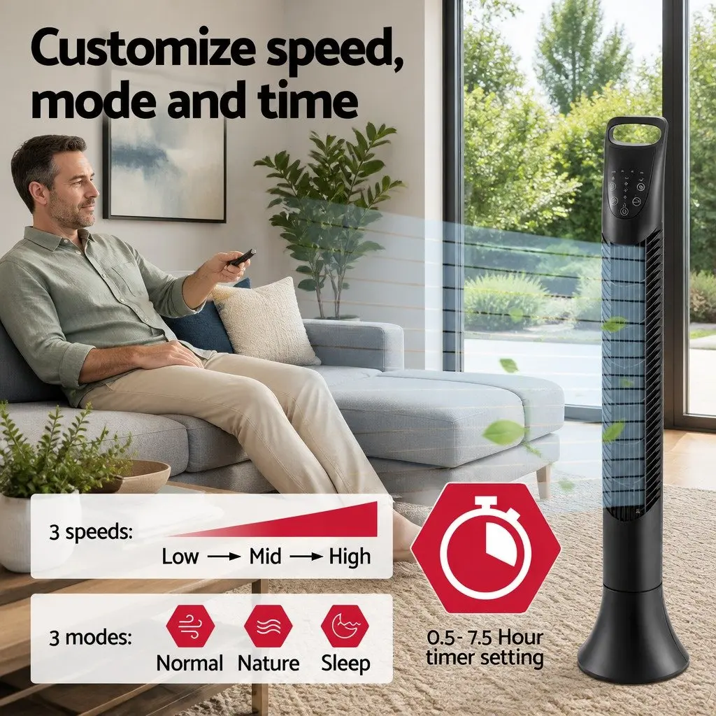 Tower Fan Oscillating 3 Speeds Remote Control 91cm Tall Slim Design