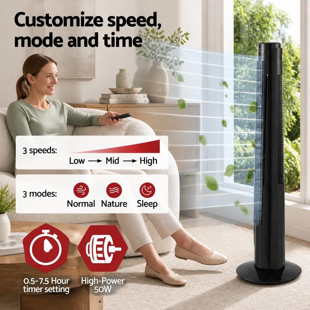 Tower Fan Oscillating 3 Speeds Remote Control 93cm Tall Slim Design Air Cooler