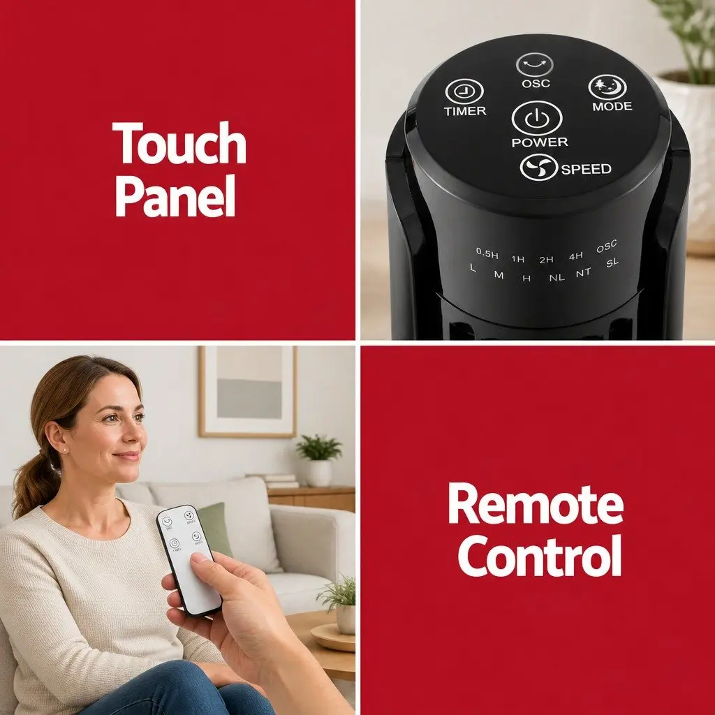 Tower Fan Oscillating 3 Speeds Remote Control 93cm Tall Slim Design Air Cooler