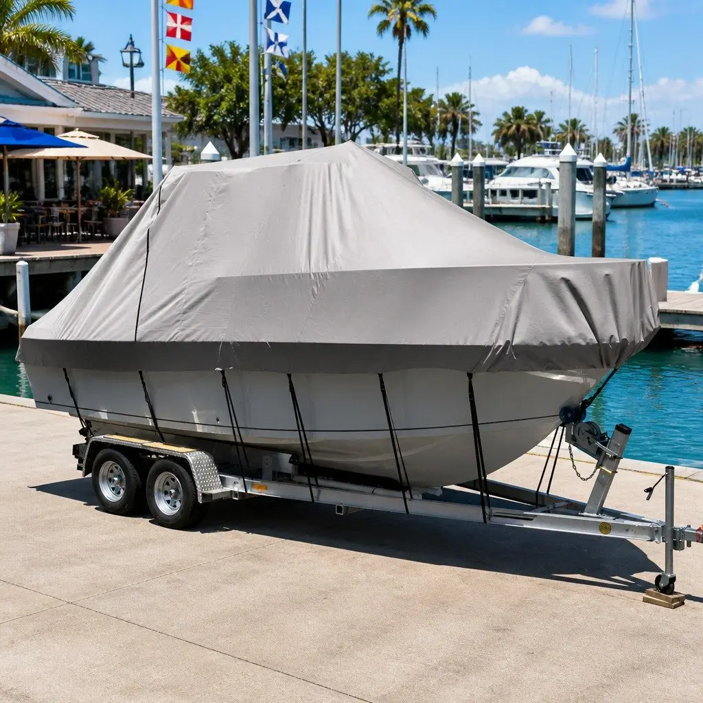 Boat Cover Grey 17-19ft Heavy Duty 600D Polyester UV and Mildew Resistant with Side Zipper Entrance and Adjustable Fastening Straps