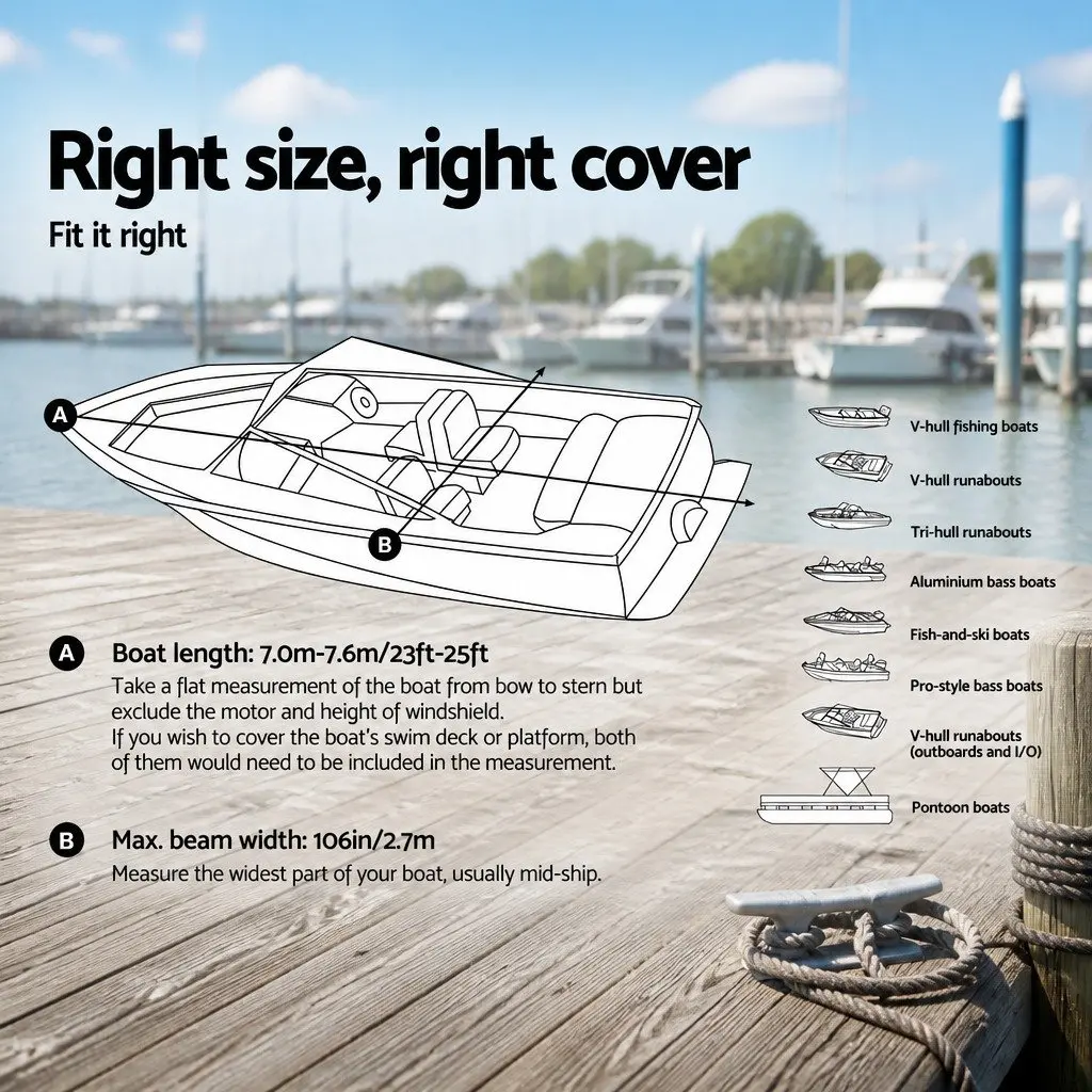 Boat Cover Grey 23-25ft Heavy Duty Waterproof 600D Polyester UV and Mildew Resistant with Side Zipper Entrance and Adjustable Fastening Straps