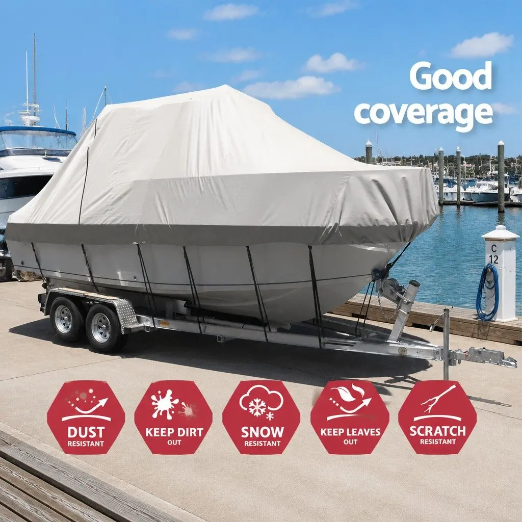 Boat Cover Grey 23-25ft Heavy Duty Waterproof 600D Polyester UV and Mildew Resistant with Side Zipper Entrance and Adjustable Fastening Straps
