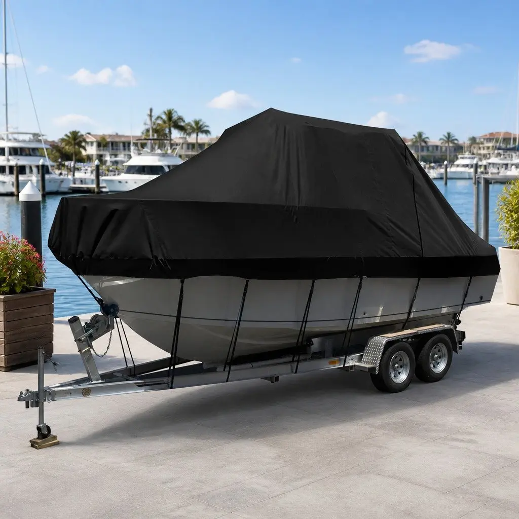 Boat Cover Black 25-27ft Heavy Duty 600D Polyester UV and Mildew Resistant