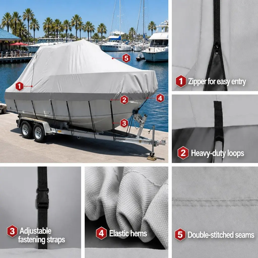 Boat Cover Grey 25-27ft Heavy Duty 600D Polyester UV and Mildew Resistant