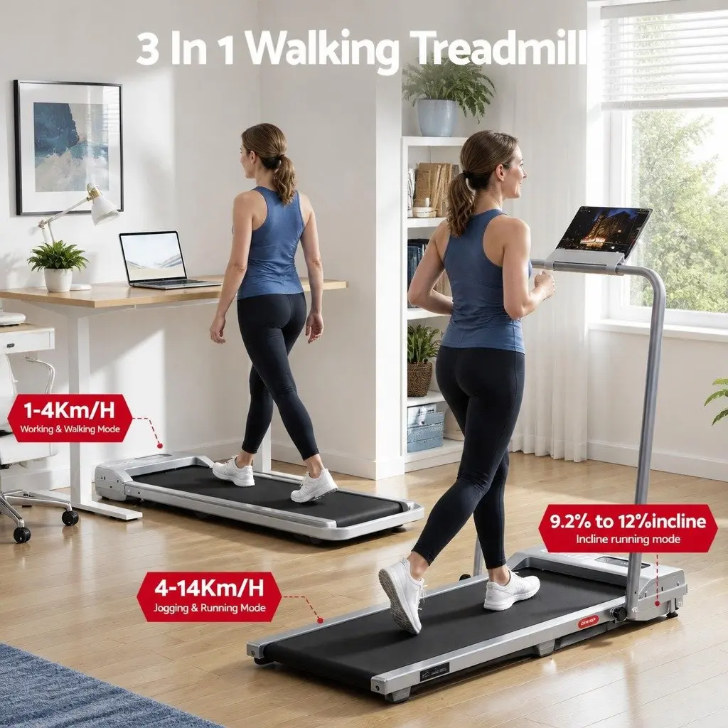 Walking Pad Treadmill Silver 38cm Belt 12% Incline Foldable Under Desk Home Gym