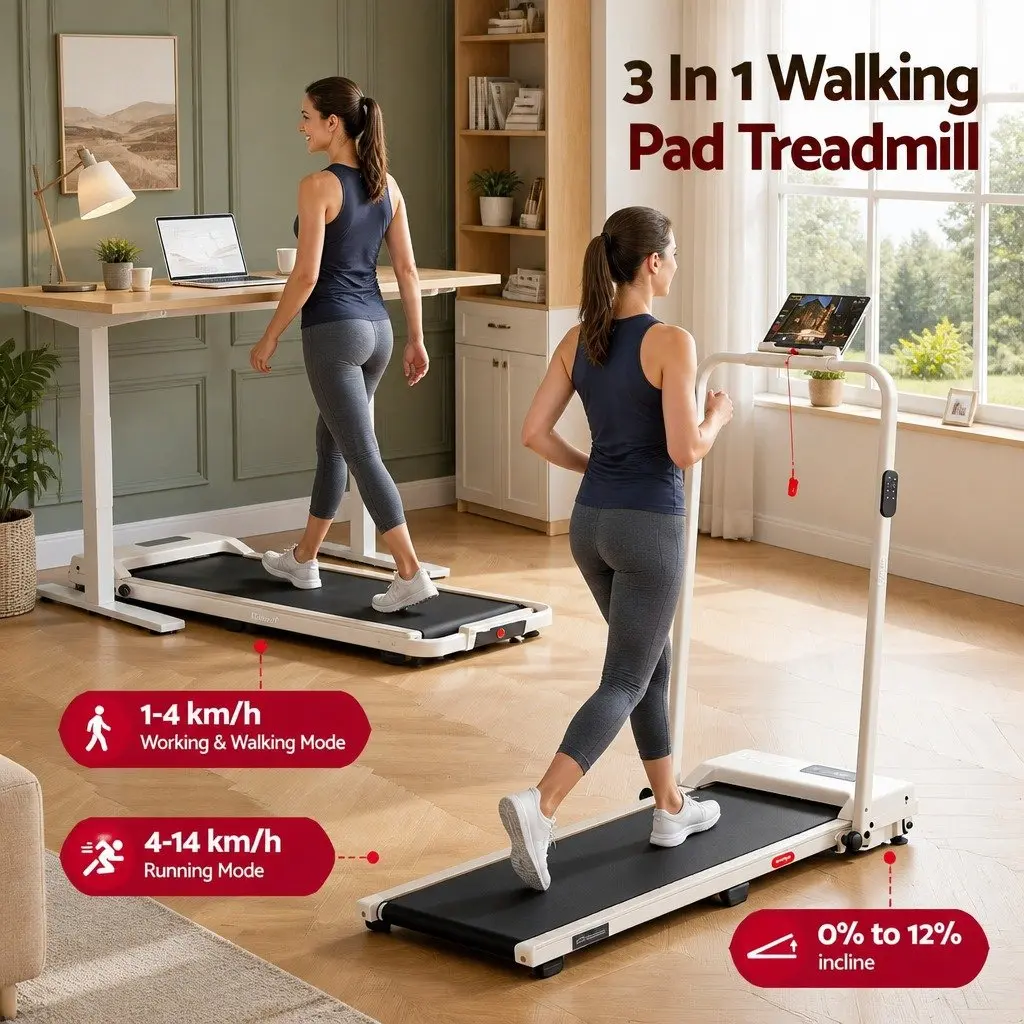 3-in-1 Foldable Walking Pad Treadmill Beige 90x38cm 12% Incline Under Desk Home Gym