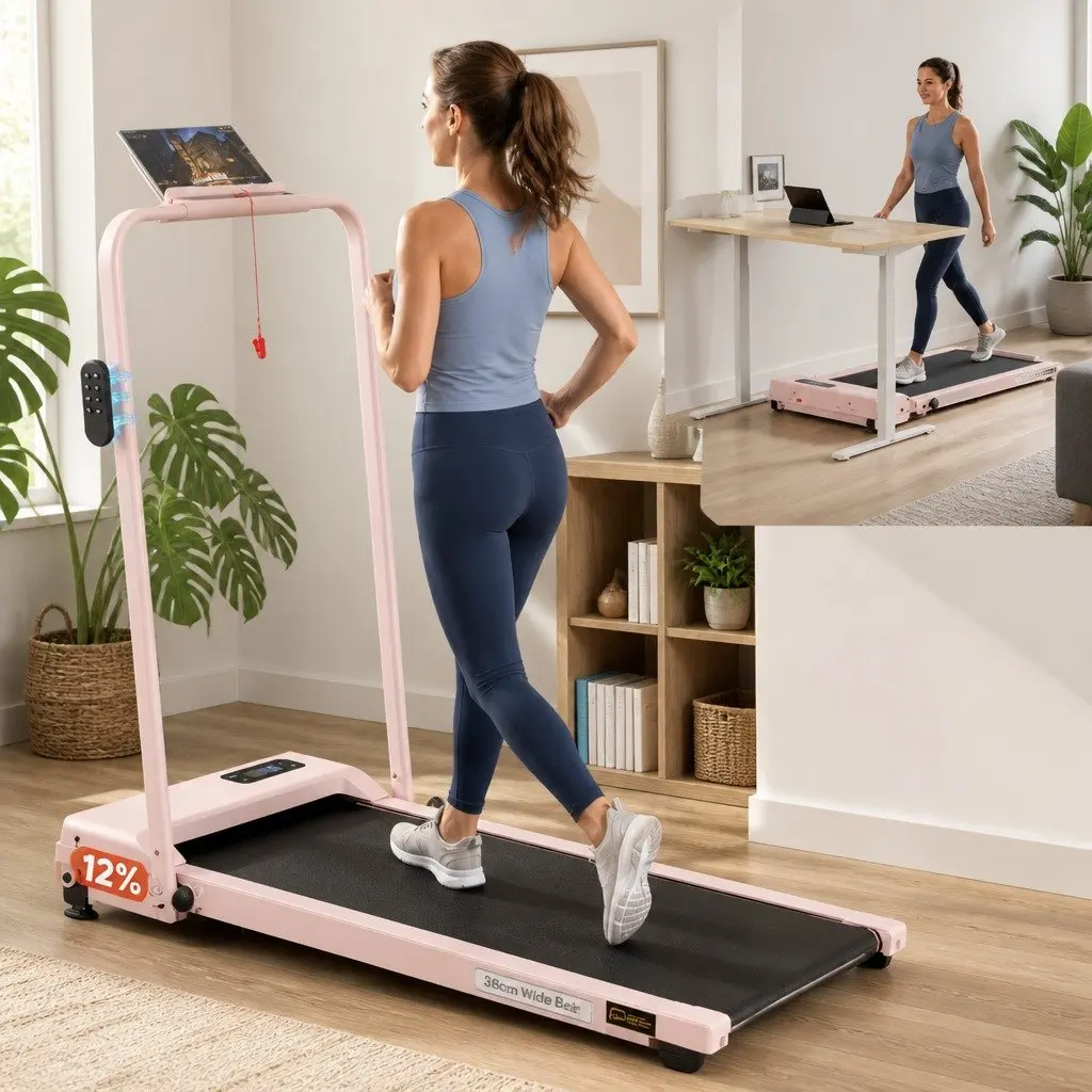3 in 1 Treadmill Pink Foldable Under Desk Cardio Machine 12% Incline with Bluetooth App Control