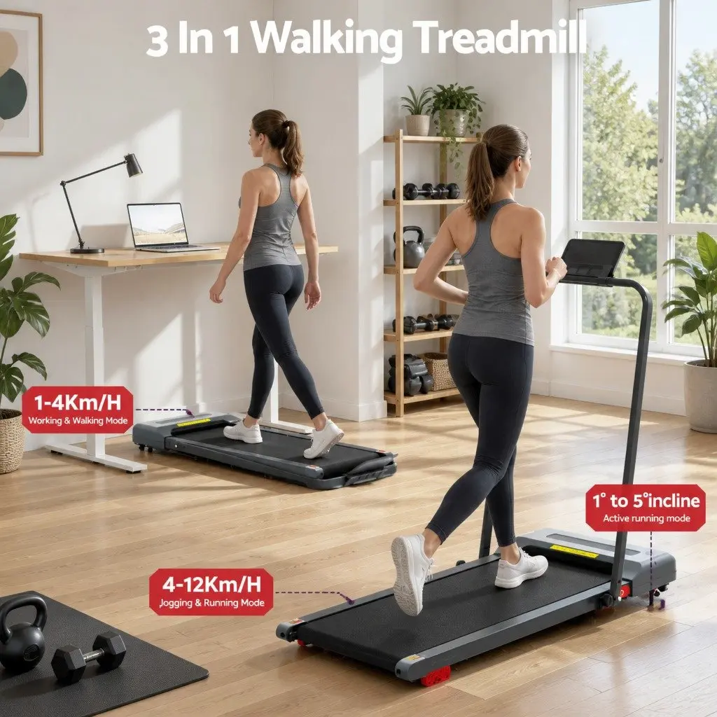 Electric Treadmill Grey Compact Foldable Under Desk 3-Level Adjustable Incline