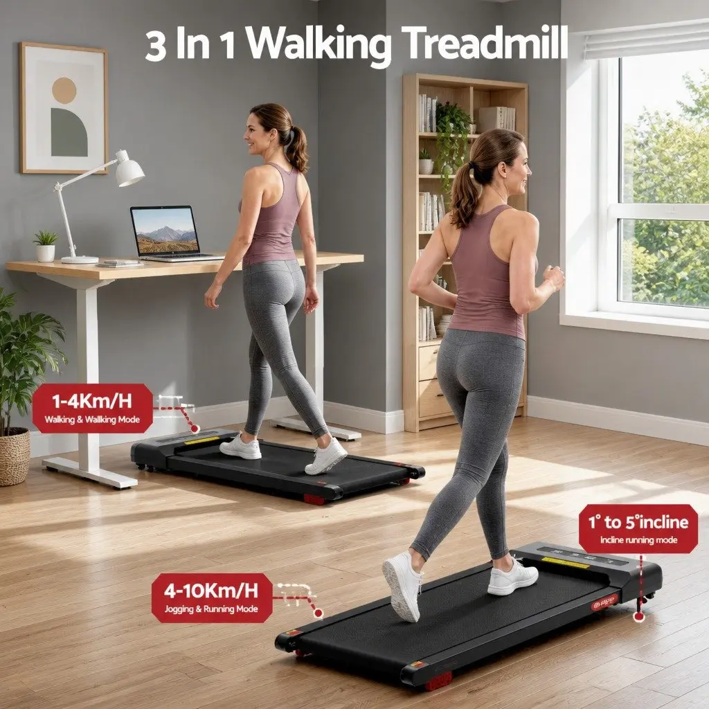 Electric Treadmill Black 380mm Compact Under Desk Incline 3 Level Honeycomb Shock Absorption