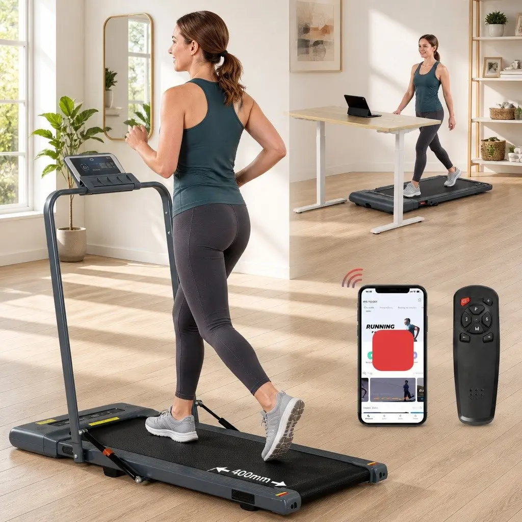 2 in 1 Electric Treadmill Grey 400mm Wide Foldable Under Desk Home Gym Fitness
