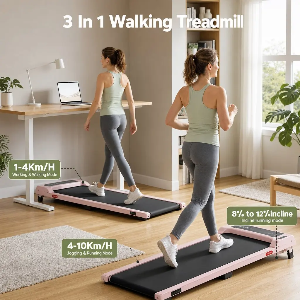 Walking Pad Treadmill 3 in 1 Under Desk Home Gym 12% Incline 40cm Belt Pink