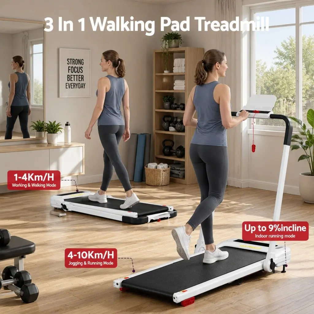 Electric Treadmill White Foldable 3 Level Incline Cushioned Running Belt