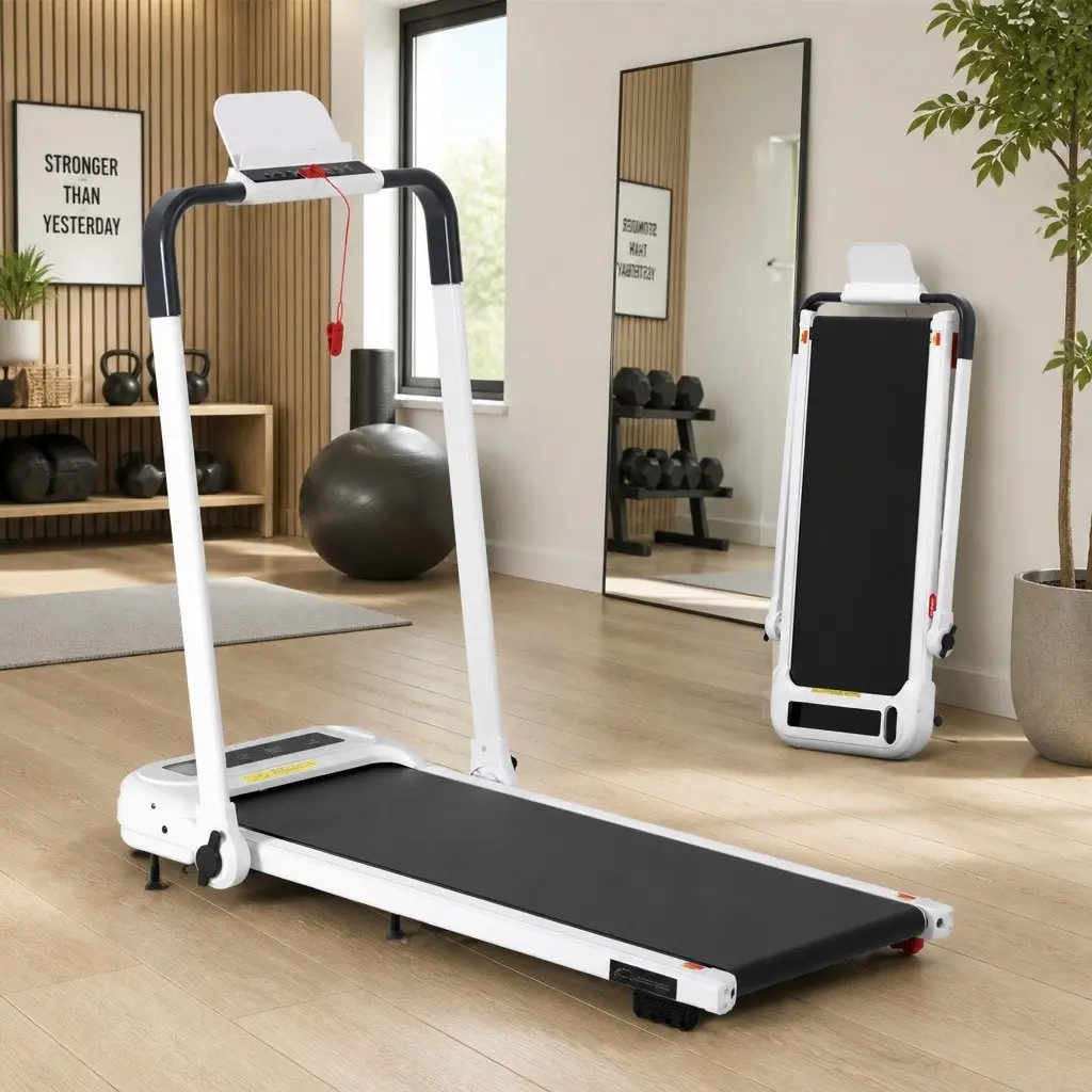 Electric Treadmill White Foldable 3 Level Incline Cushioned Running Belt