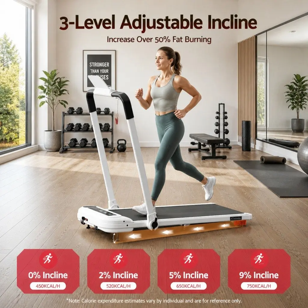 Electric Treadmill White Foldable 3 Level Incline Cushioned Running Belt