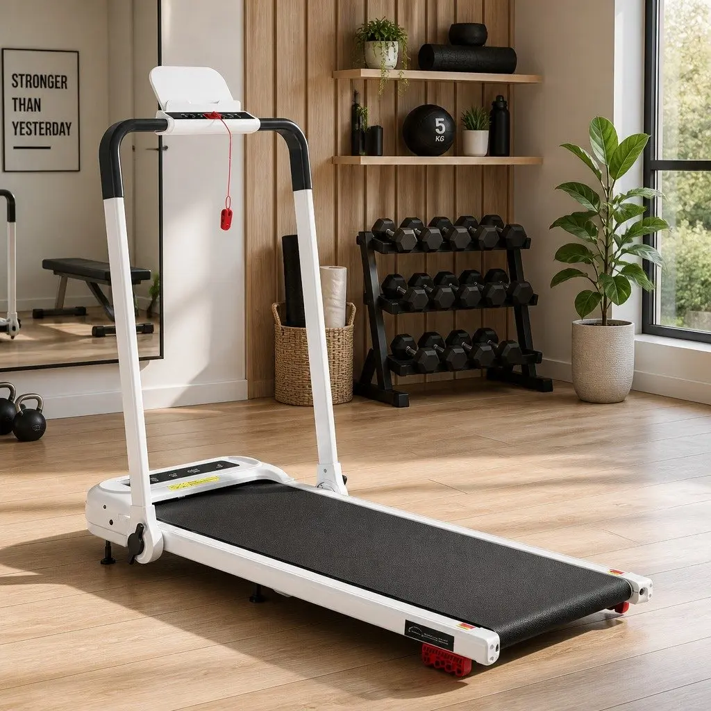Electric Treadmill White Foldable 3 Level Incline Cushioned Running Belt