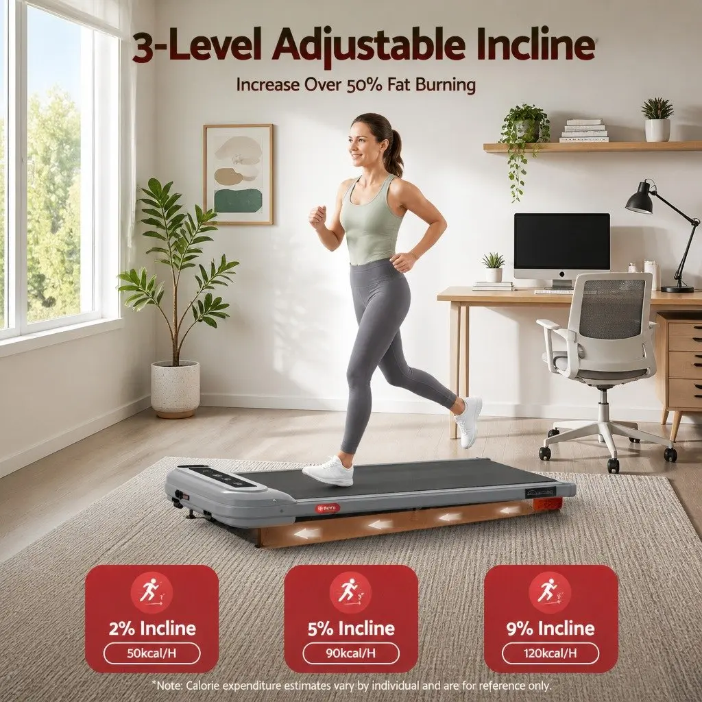 Electric Treadmill Grey Compact Under Desk 3 Level Incline Quiet Motor
