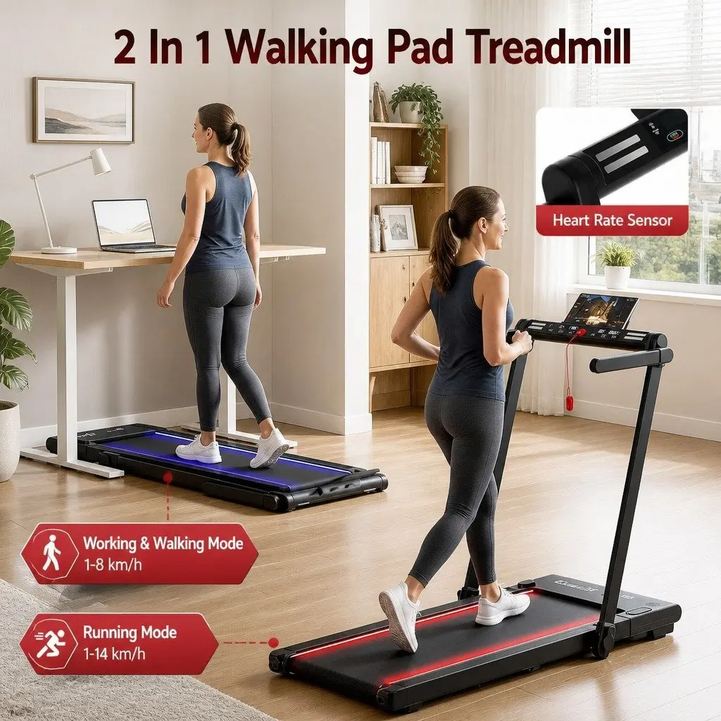 3-in-1 Treadmill Black 40cm Foldable Under Desk with RGB LED Lights
