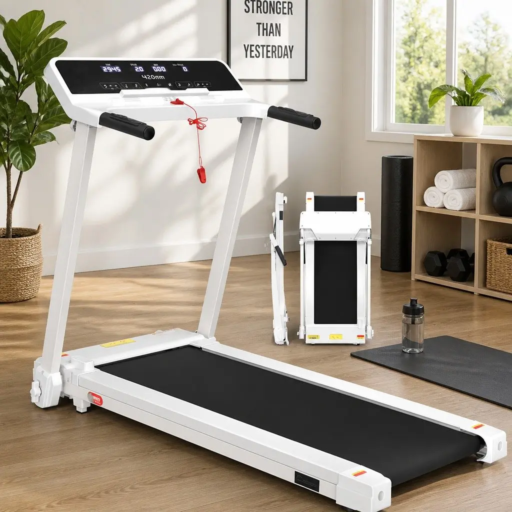 Electric Treadmill White Foldable 12 Programs Speed Range 1-14km/h