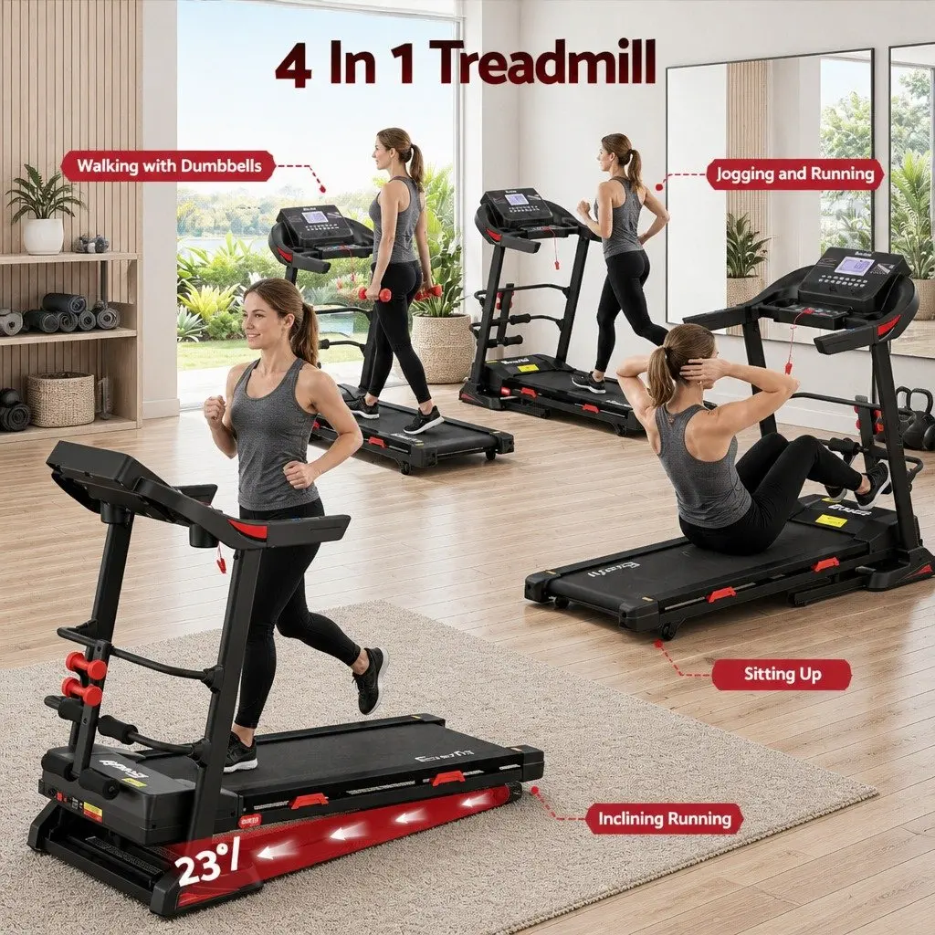 Electric Treadmill Black Home Gym Fitness Machine with Sit-Up Bar Automatic Incline Heart Rate Monitor