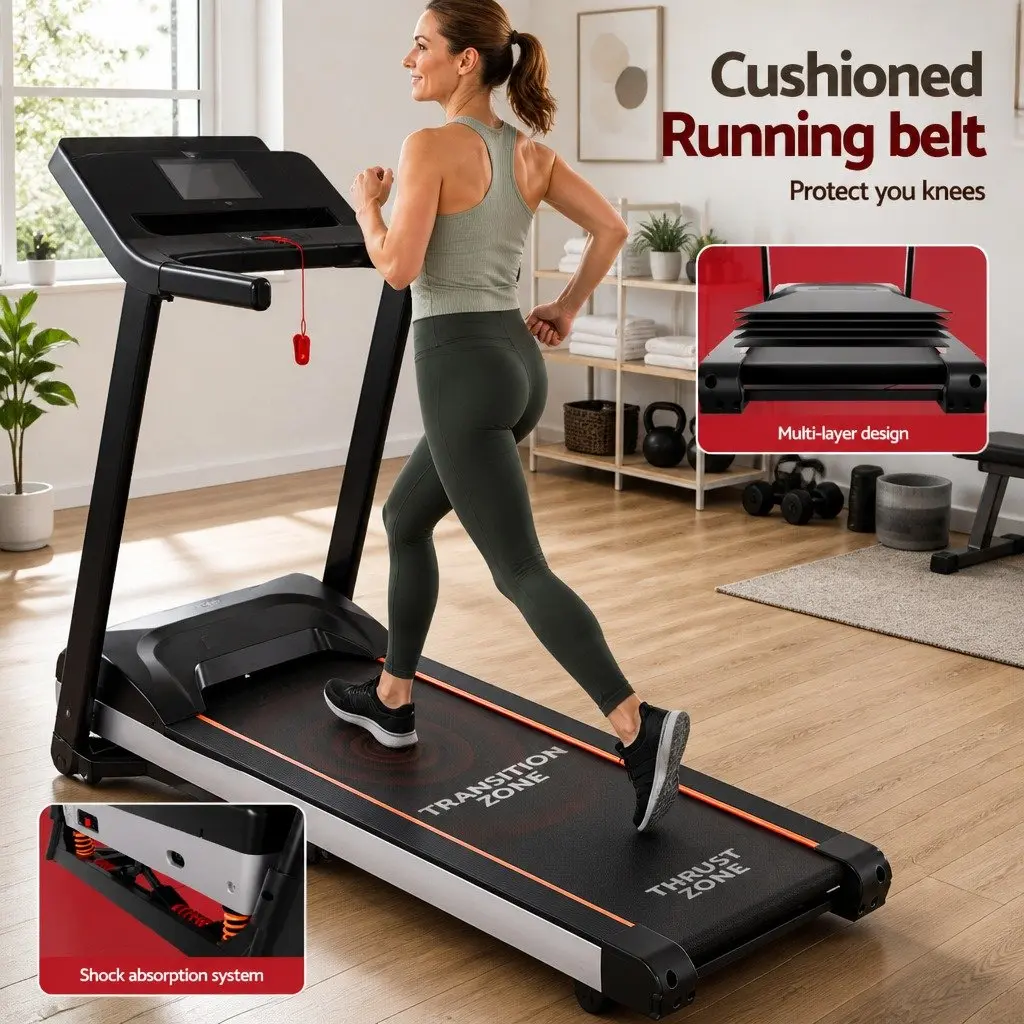 Electric Treadmill Black and White Auto Incline 15 Level with Digital LCD Display and Shock Absorption System