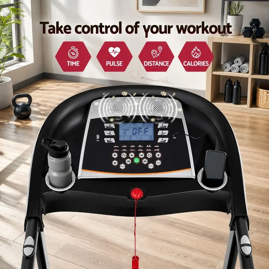 Electric Treadmill Black and White Auto Incline 15 Level with Digital LCD Display and Shock Absorption System