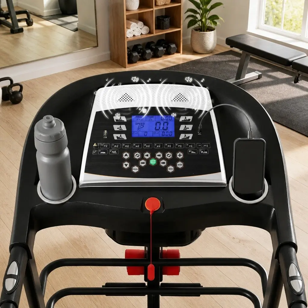 Electric Treadmill Black and White Home Gym Fitness Machine with Massager Sit-up Bar and Dumbbells