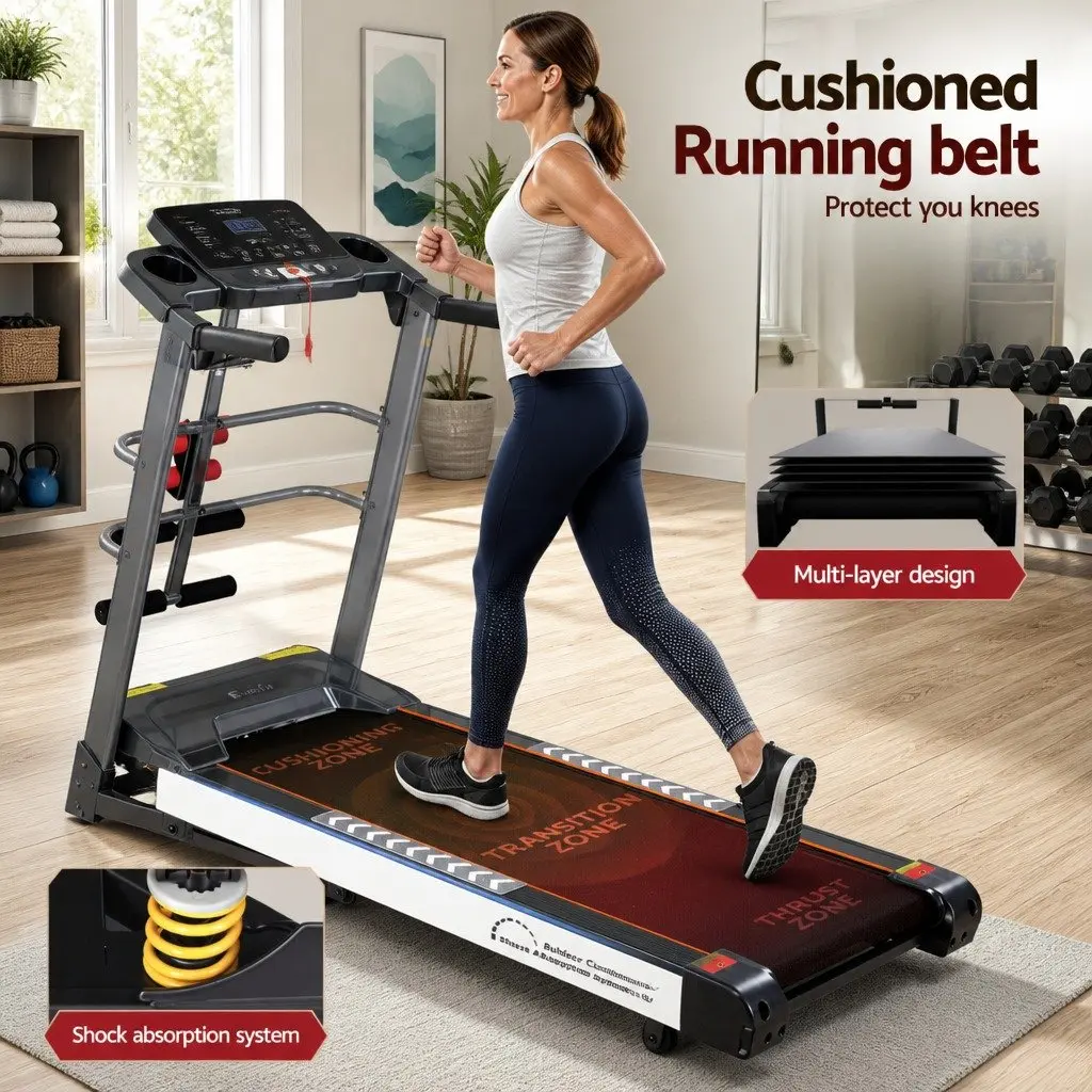 Electric Treadmill Black and White Home Gym Fitness Machine with Massager Sit-up Bar and Dumbbells