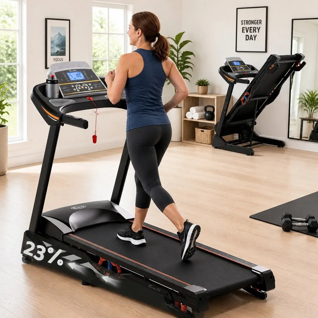 Electric Treadmill Black Compact 480mm Automatic Incline 18 Speed Home Gym Fitness Machine
