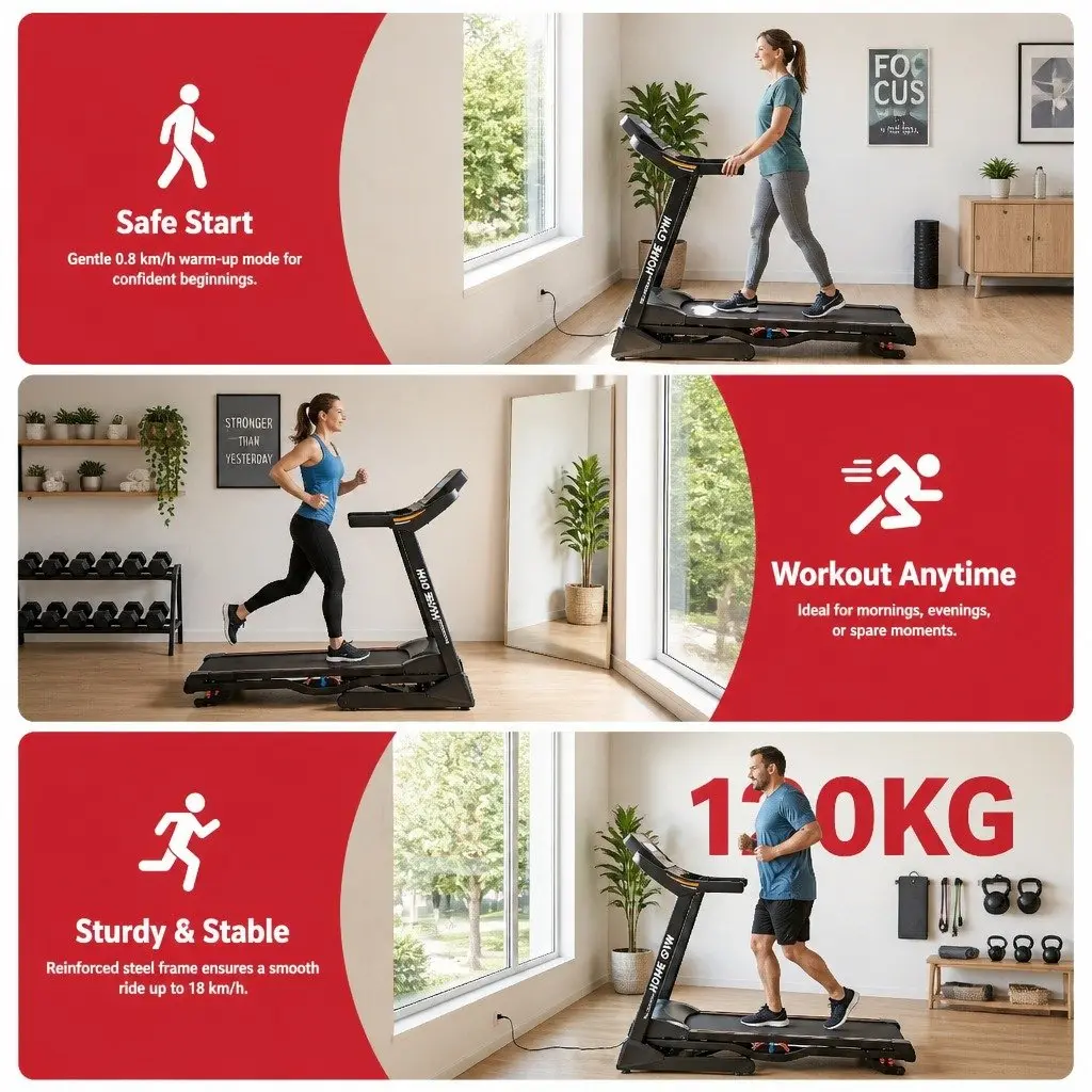 Electric Treadmill Black Compact 480mm Automatic Incline 18 Speed Home Gym Fitness Machine