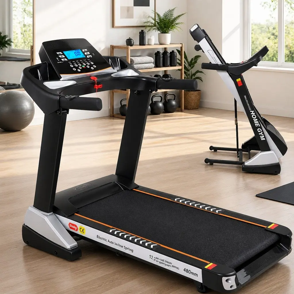 Electric Treadmill Black and White Compact Home Gym 18 Speed Levels Auto Incline 12 Pre-set Programs