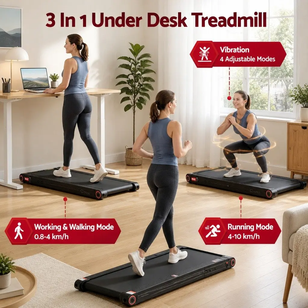 4-in-1 Treadmill Black Compact Under Desk Home Gym Machine with Vibration Mode