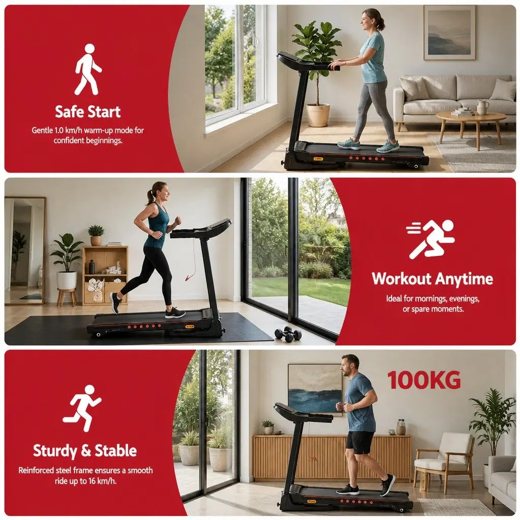 Electric Treadmill Black Foldable 390mm Cushioned Running Belt 16km/h Incline