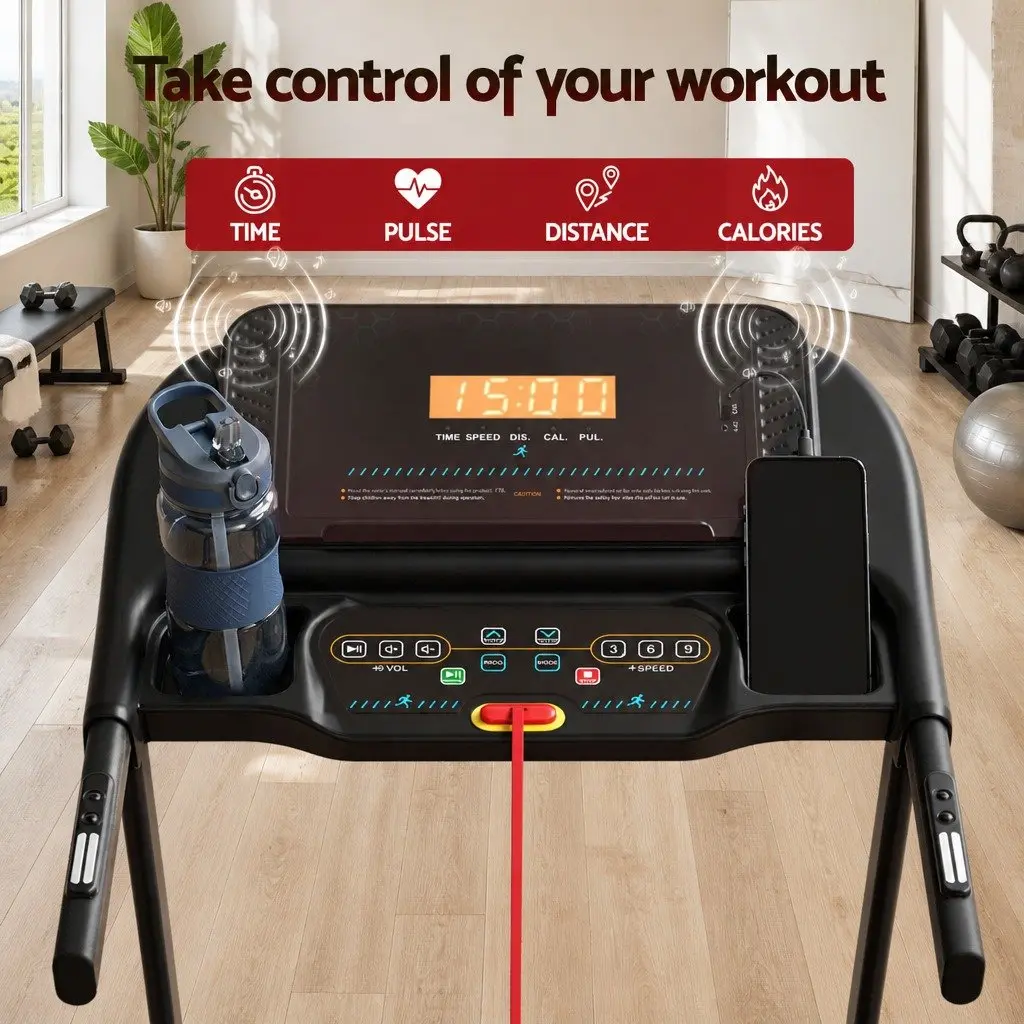 Electric Treadmill Black Foldable 390mm Cushioned Running Belt 16km/h Incline