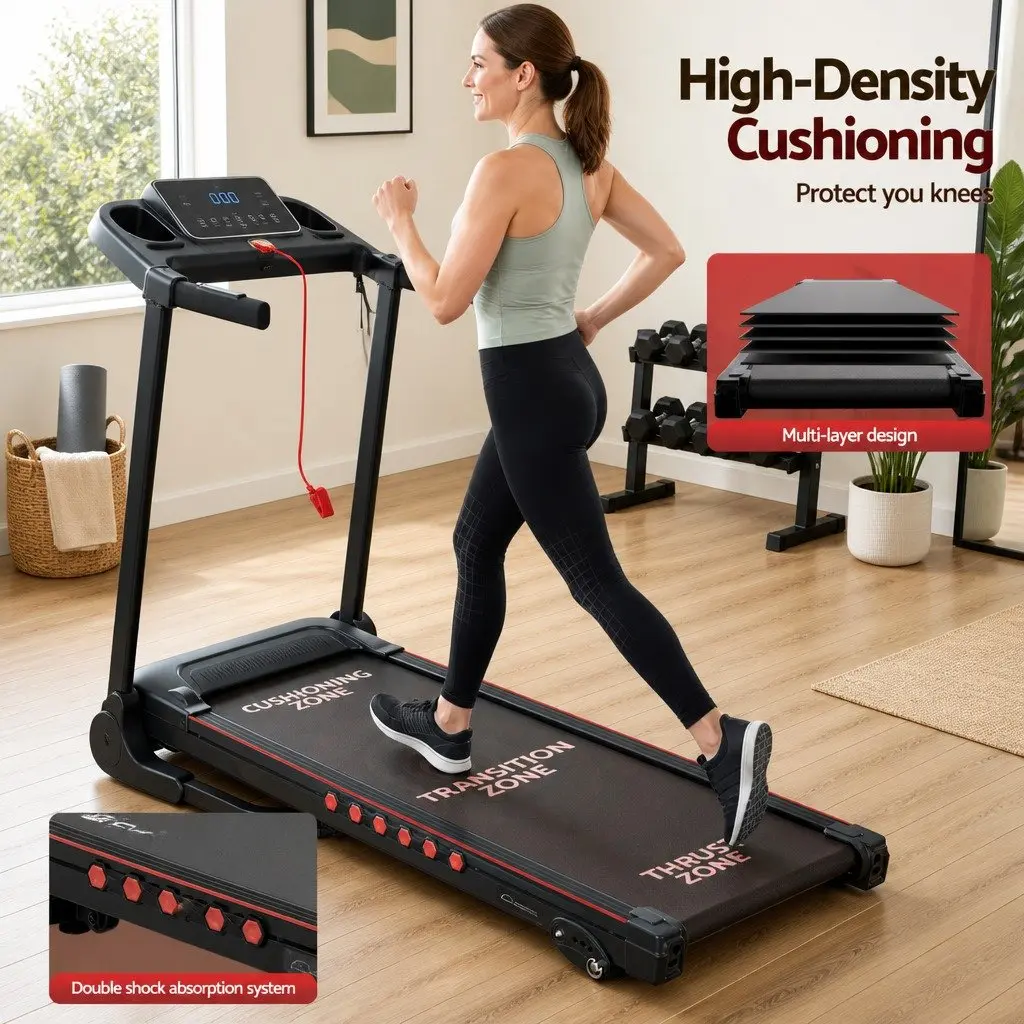 Electric Treadmill Black Foldable 390mm Cushioned Running Belt 16km/h Incline
