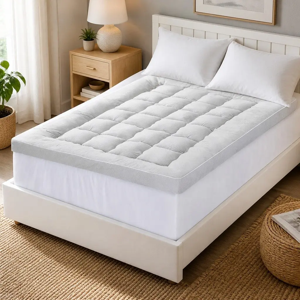 Mattress Topper White Double 11cm Thick Pillowtop Bamboo Blend Fabric 1500GSM Hollow Fibre