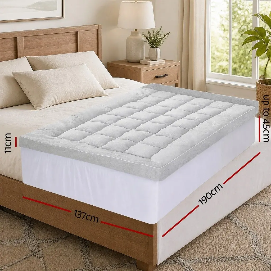 Mattress Topper White Double 11cm Thick Pillowtop Bamboo Blend Fabric 1500GSM Hollow Fibre