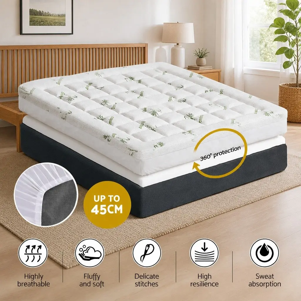 King Mattress Topper White 7.5cm Thick Bamboo Cover Washable