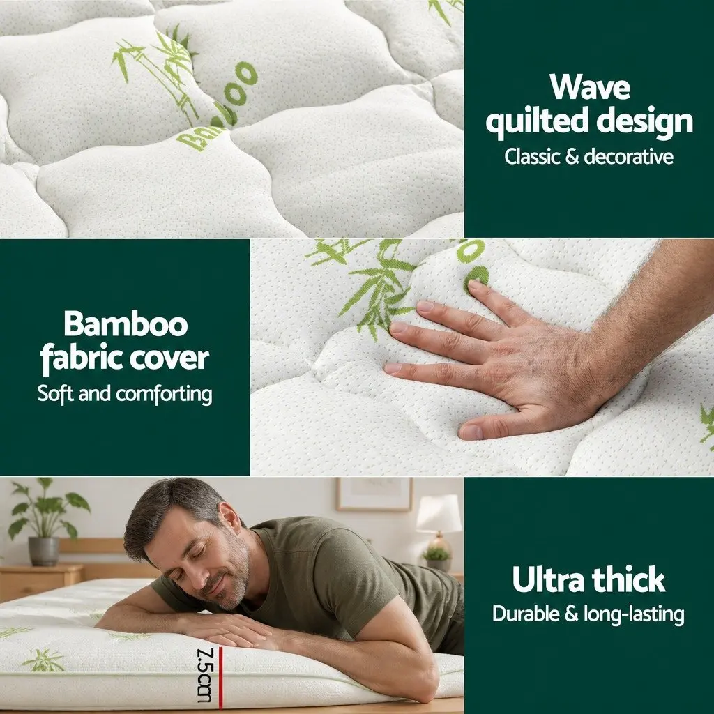 King Mattress Topper White 7.5cm Thick Bamboo Cover Washable