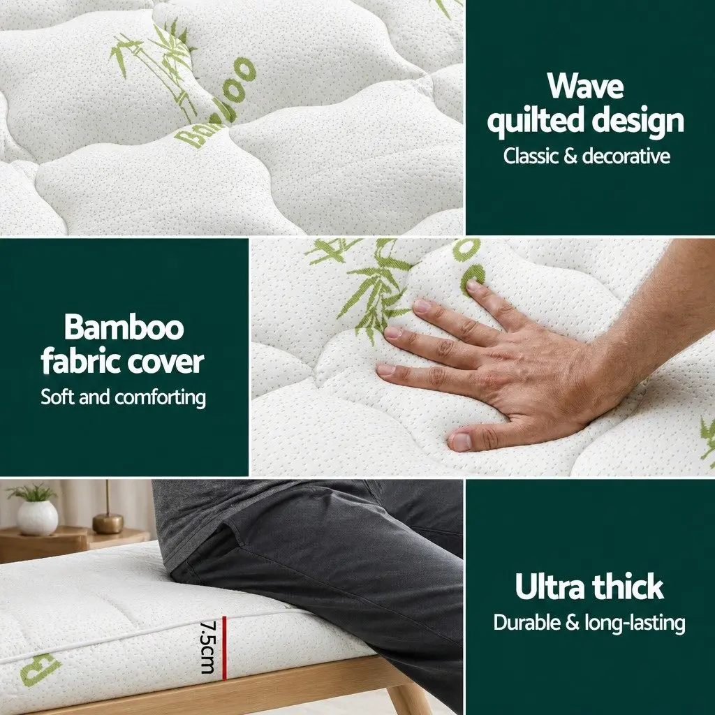 Mattress Topper White Single 7.5cm Pillowtop Bamboo Cover Deep Pocket