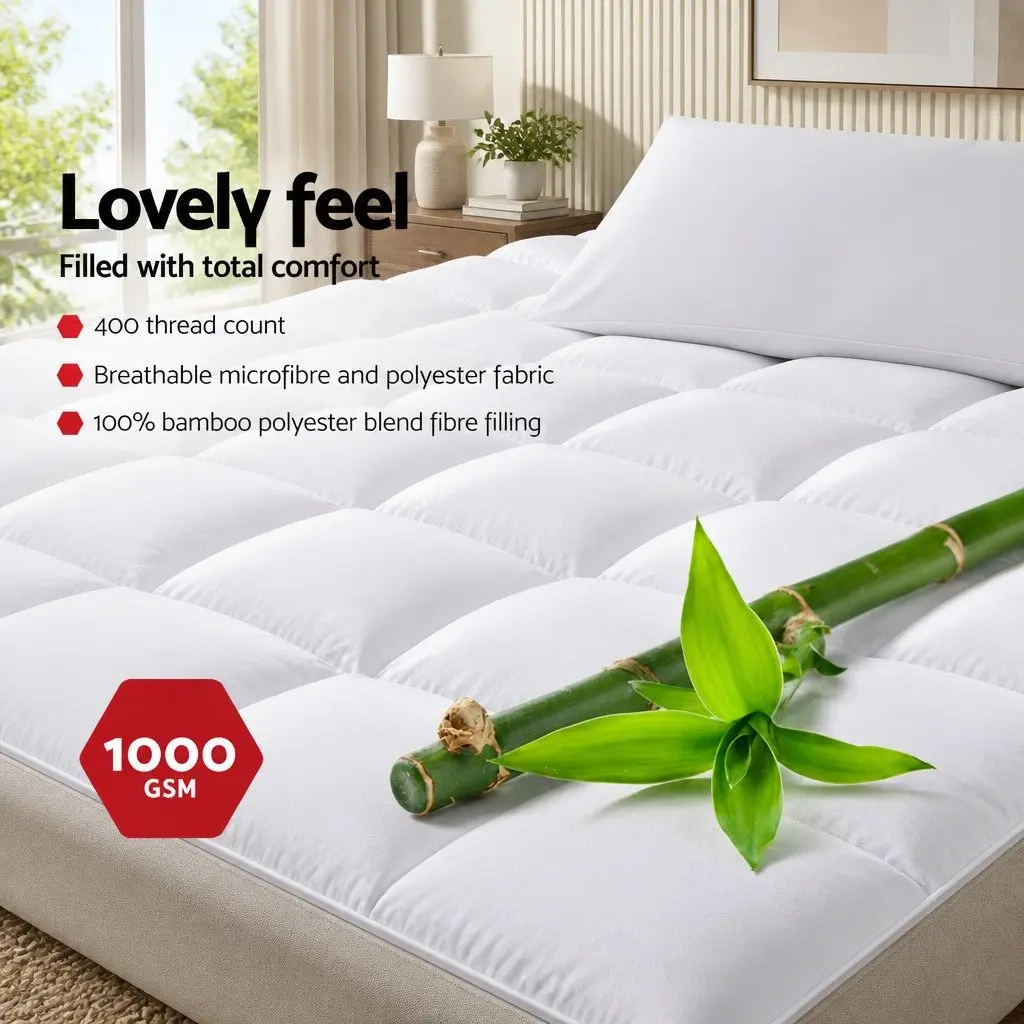 Mattress Topper White King Single 5cm Bamboo Microfibre Breathable Washable Deep