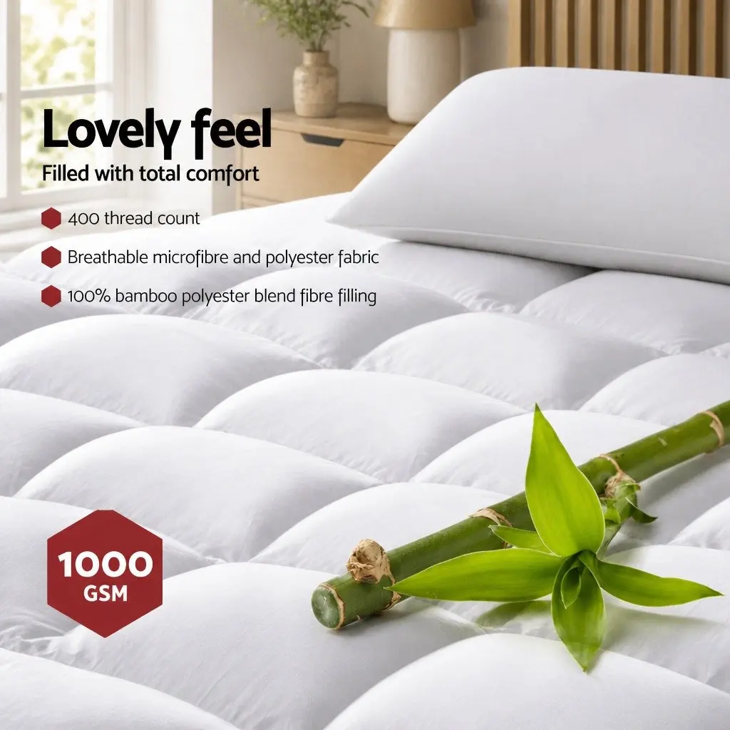 Mattress Topper White King 5cm Thick Bamboo Charcoal Microfibre Washable Breathable