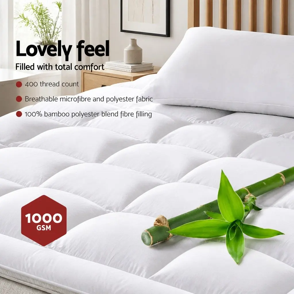 Single Mattress Topper White 5cm Bamboo Microfibre Pillowtop 45cm Deep Pocket