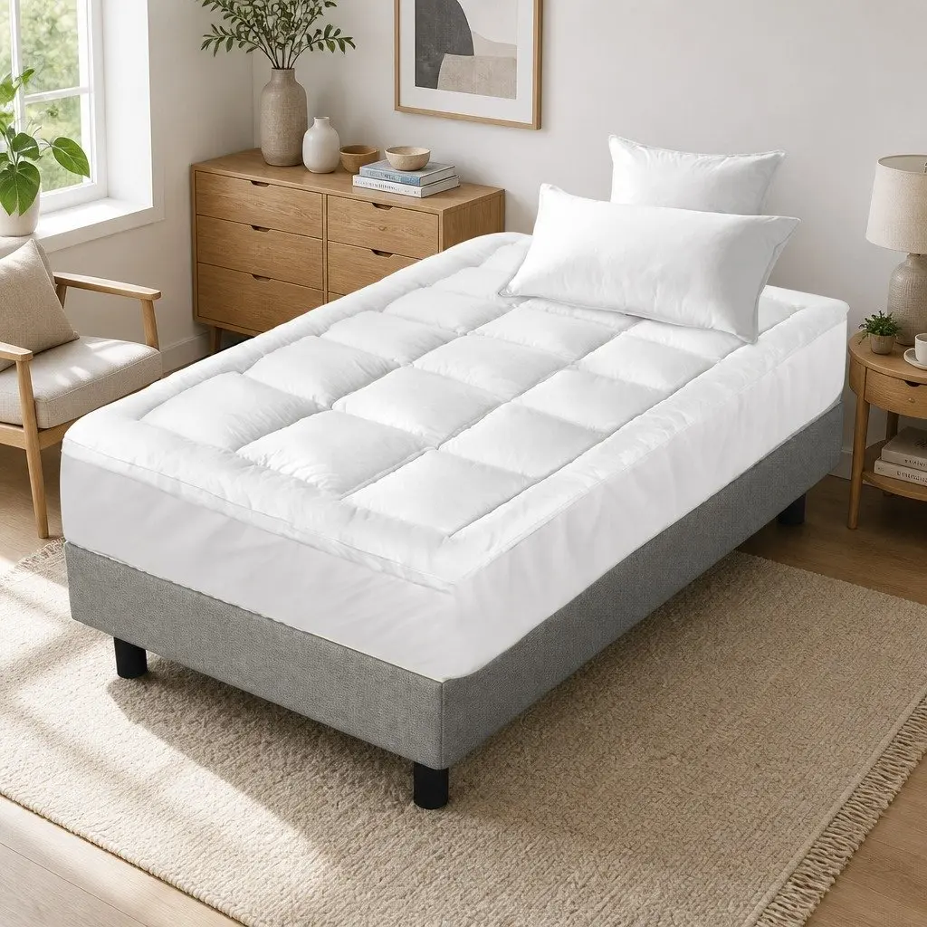 Single Mattress Topper White 5cm Bamboo Microfibre Pillowtop 45cm Deep Pocket