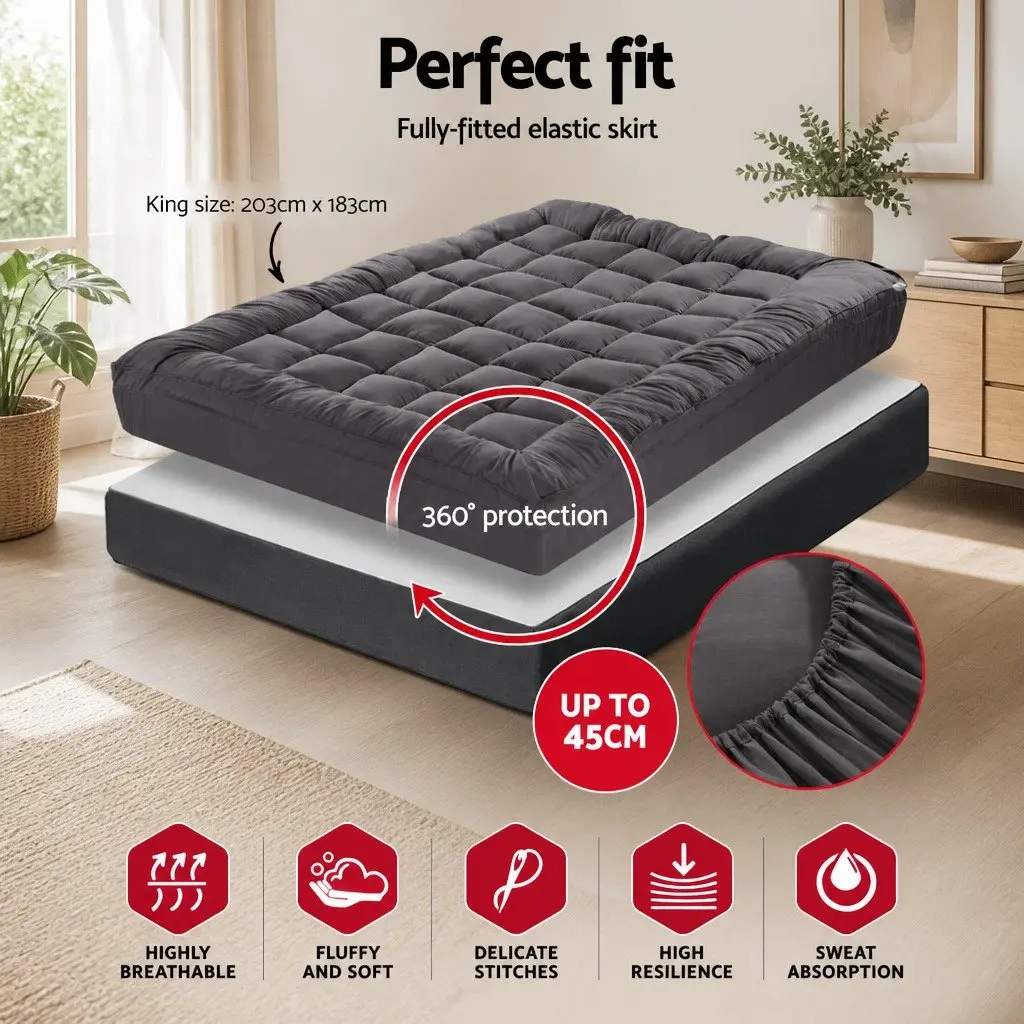 Mattress Topper Grey King Size 5cm Thick Pillowtop Cooling Pad with 45cm Deep Pocket