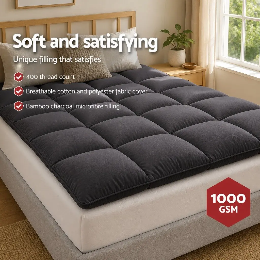 Mattress Topper Grey Single 190x90cm 5cm Thick Pillowtop Deep Pocket